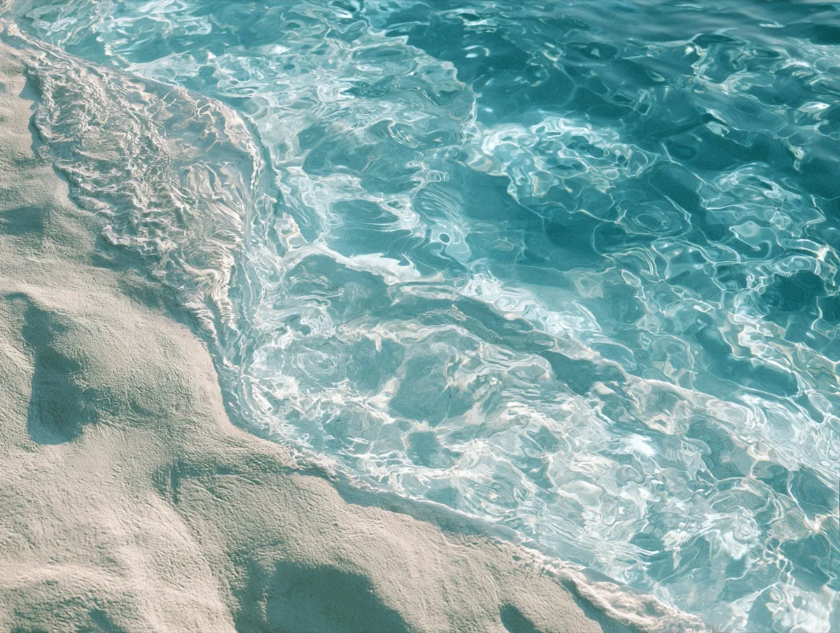 Sunlit pool water with caustic light patterns on a pale plaster floor