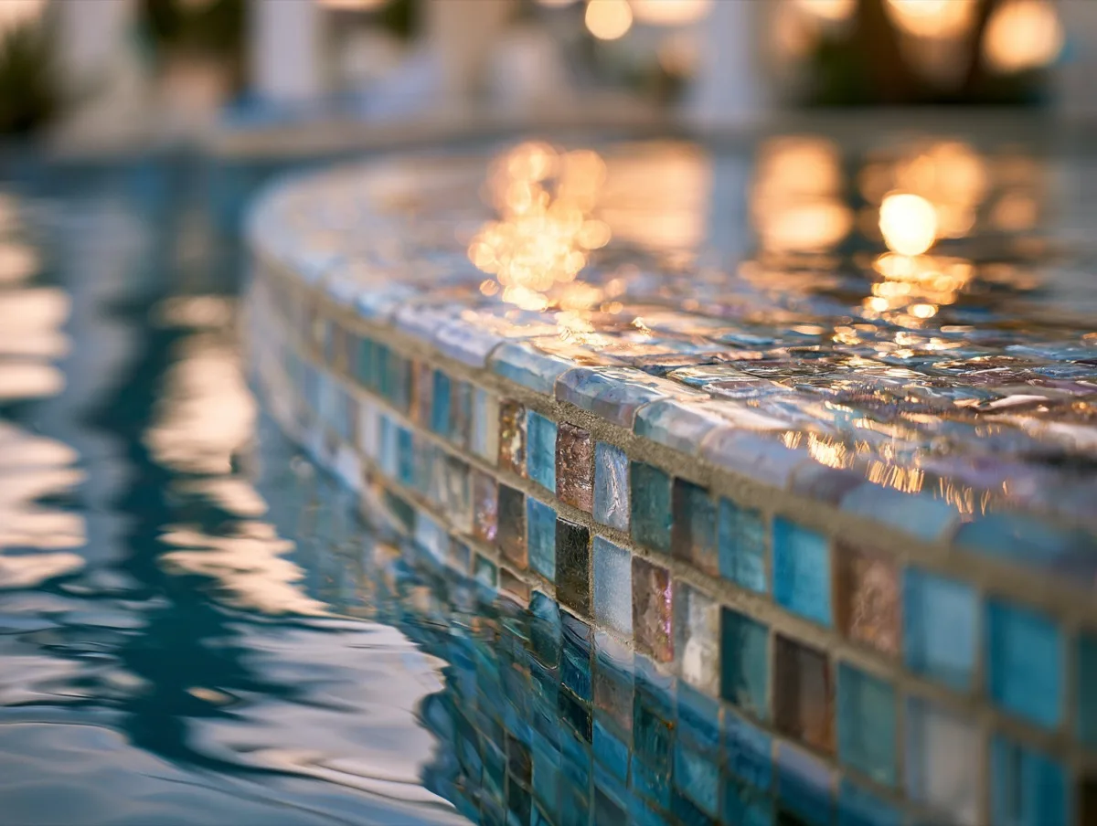 Glass mosaic pool waterline tile in golden evening light