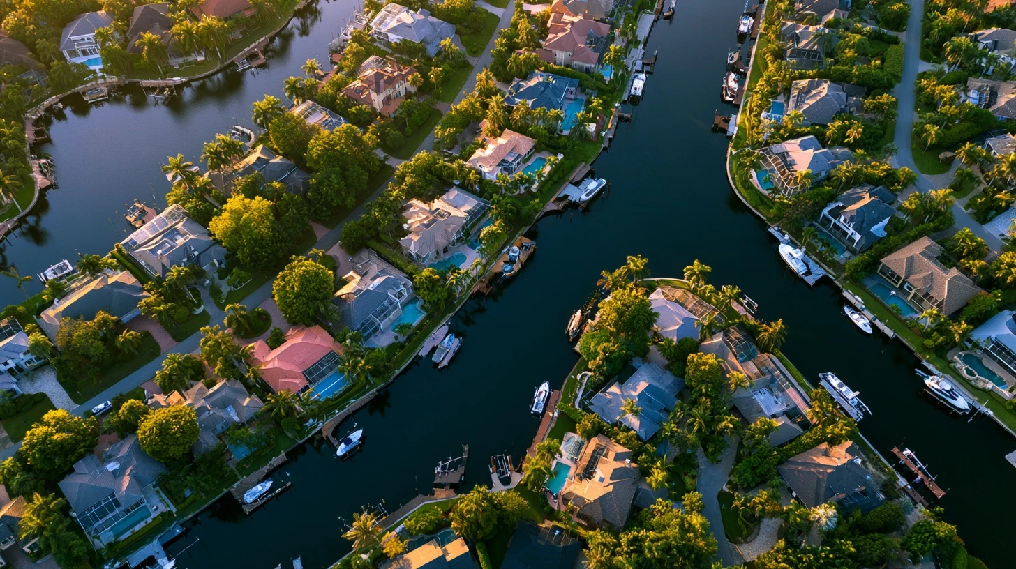 Aerial view of canal-front homes with screened pools in Naples, Florida
