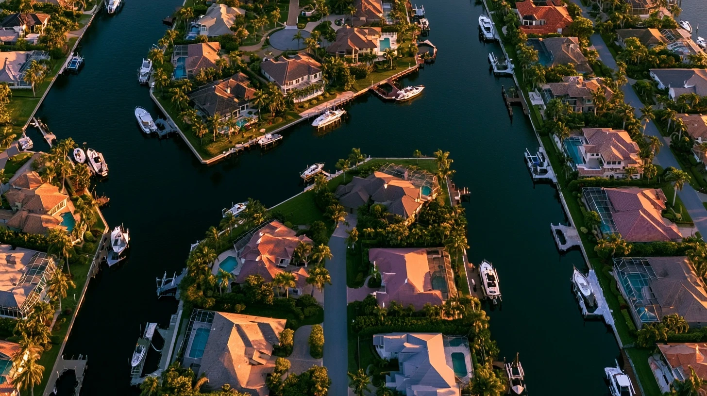 Aerial of a residential canal with docks and pools