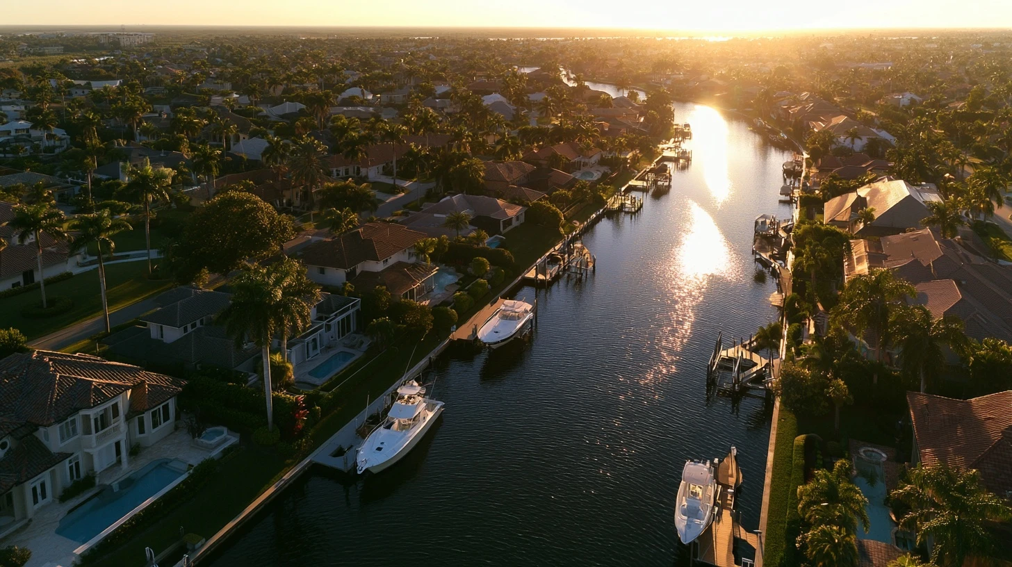 Canal homes and screened lanais from the air