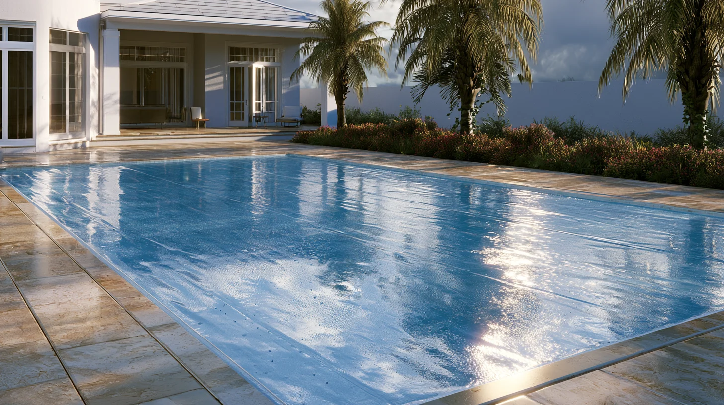 A covered pool beaded with morning condensation