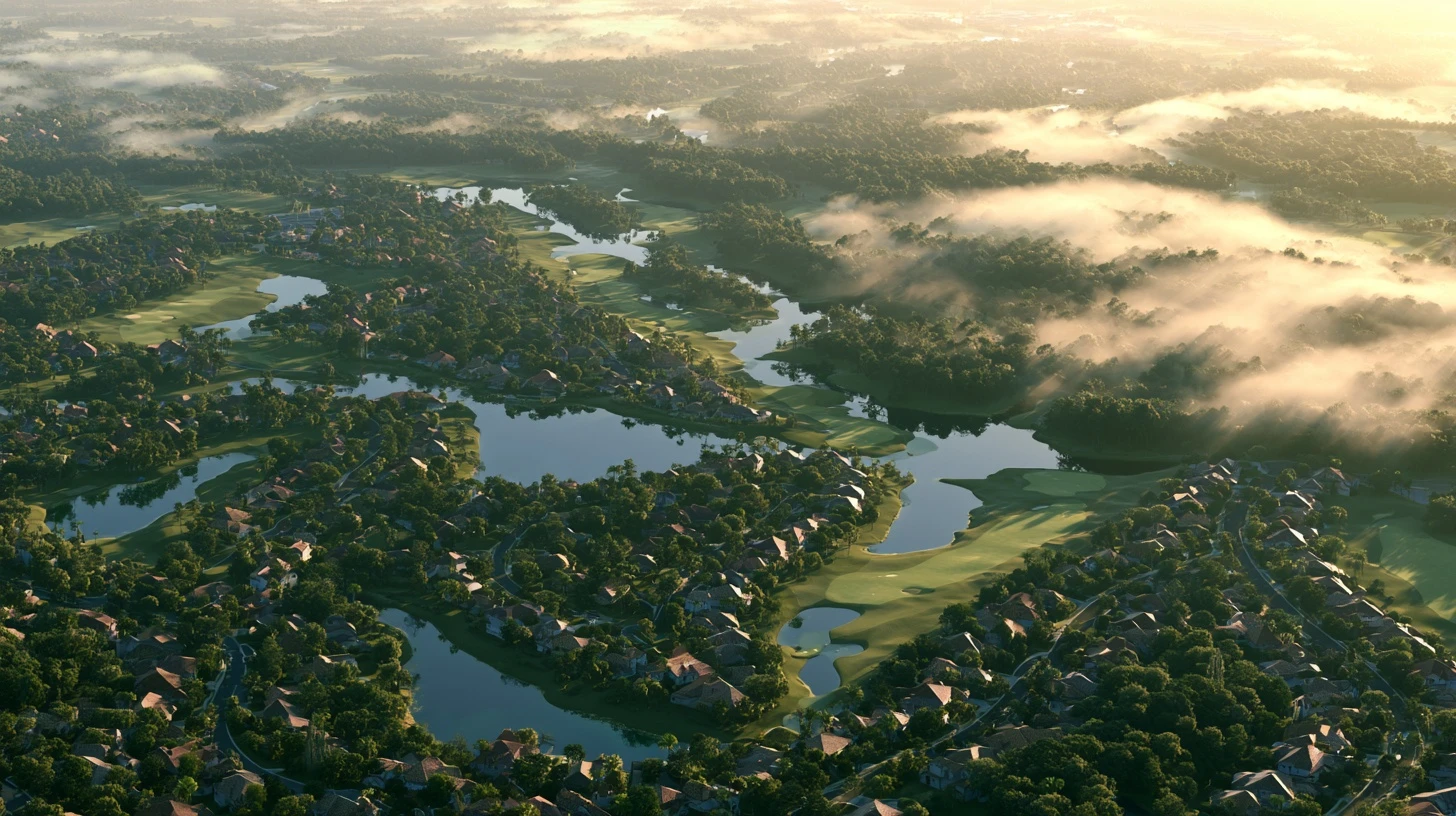 Morning light across a fairway and its homes