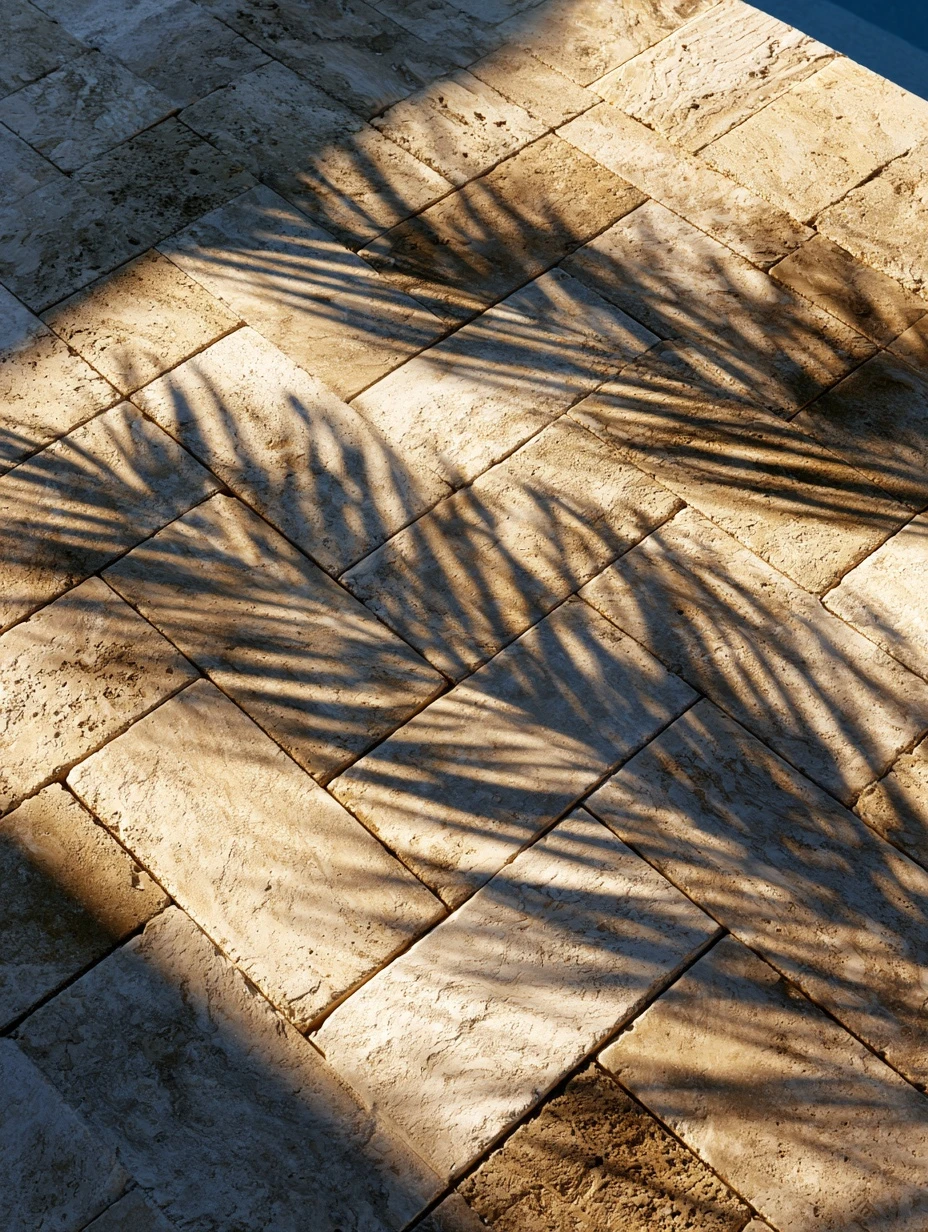 Travertine pool deck laid in a herringbone pattern beside blue water