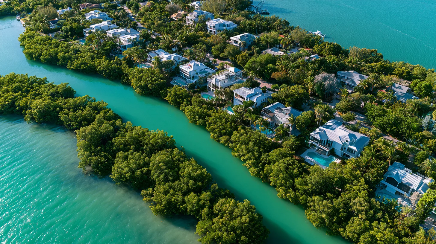 Waterfront homes and pools along a mangrove shoreline, from the air