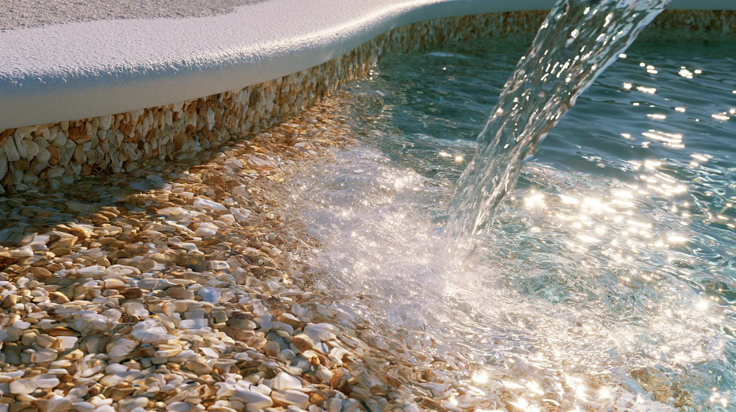 A fresh pebble pool interior filling with water from a hose