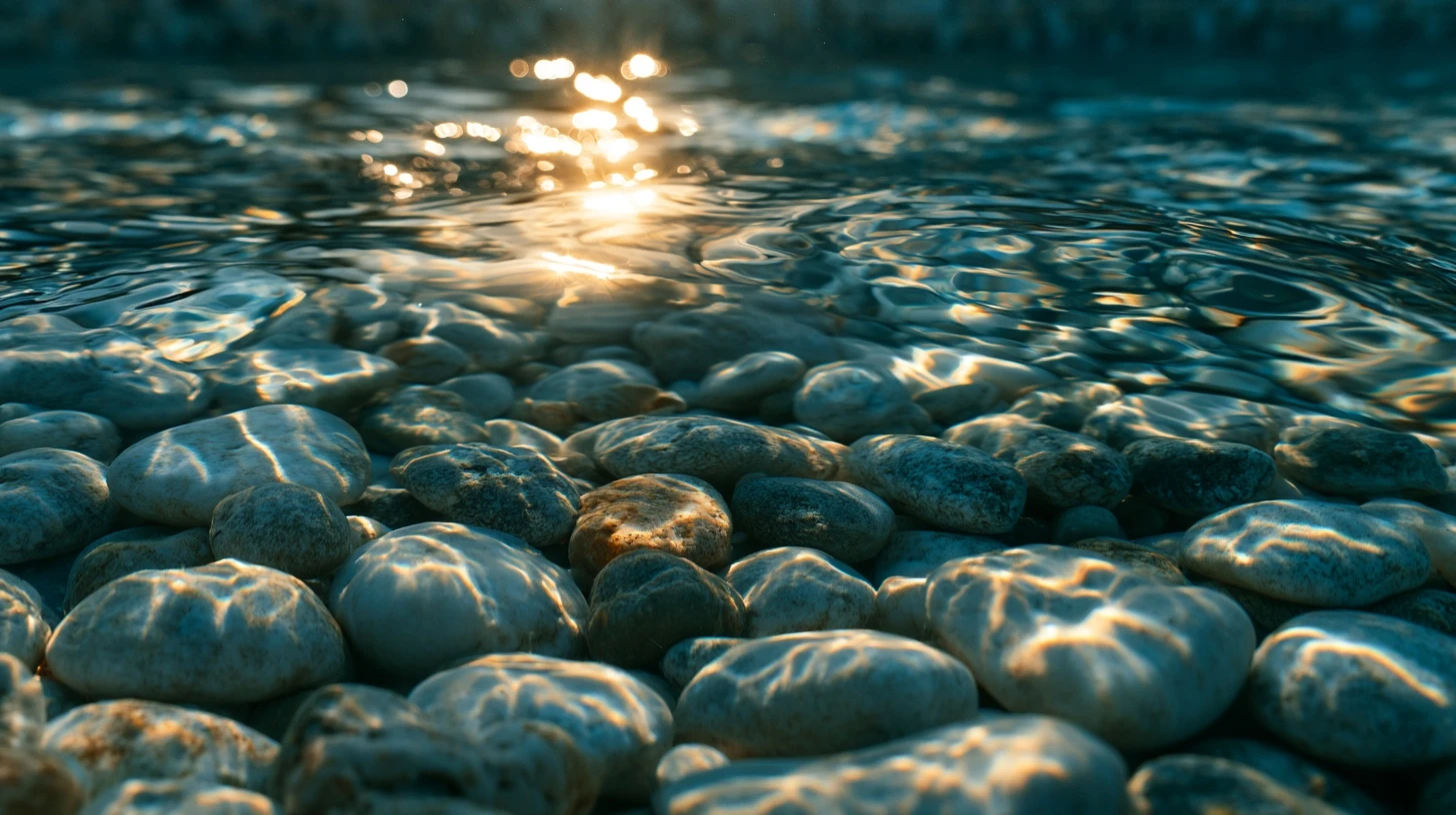 Close view of a pebble pool interior finish beneath clear water