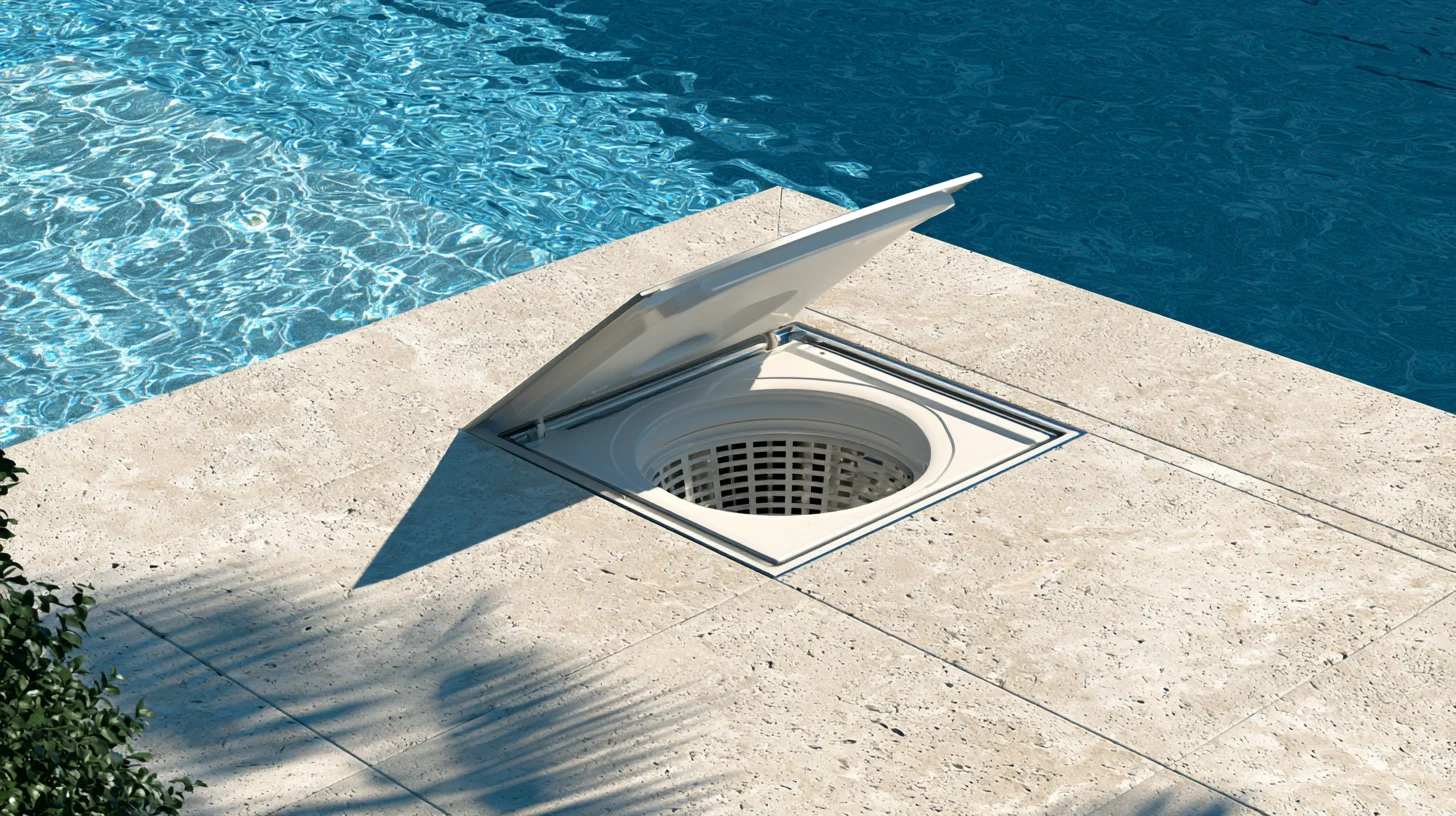 An open pool skimmer lid in a travertine deck beside sunlit pool water