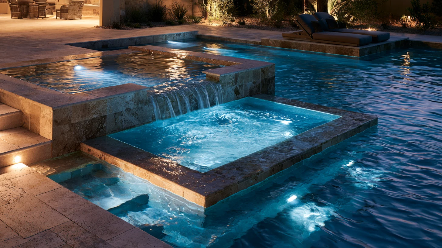 A raised spa spilling into the pool at dusk