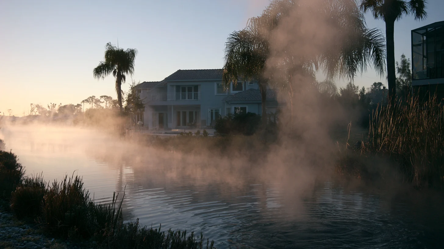Steam lifting off a heated pool at dawn beside the water