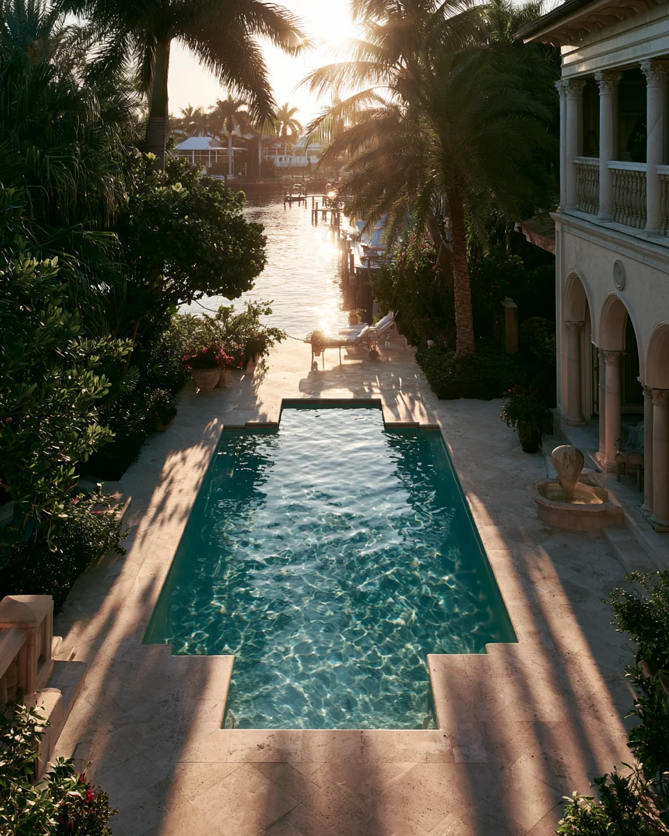 A backyard pool and travertine deck seen from a balcony at golden hour
