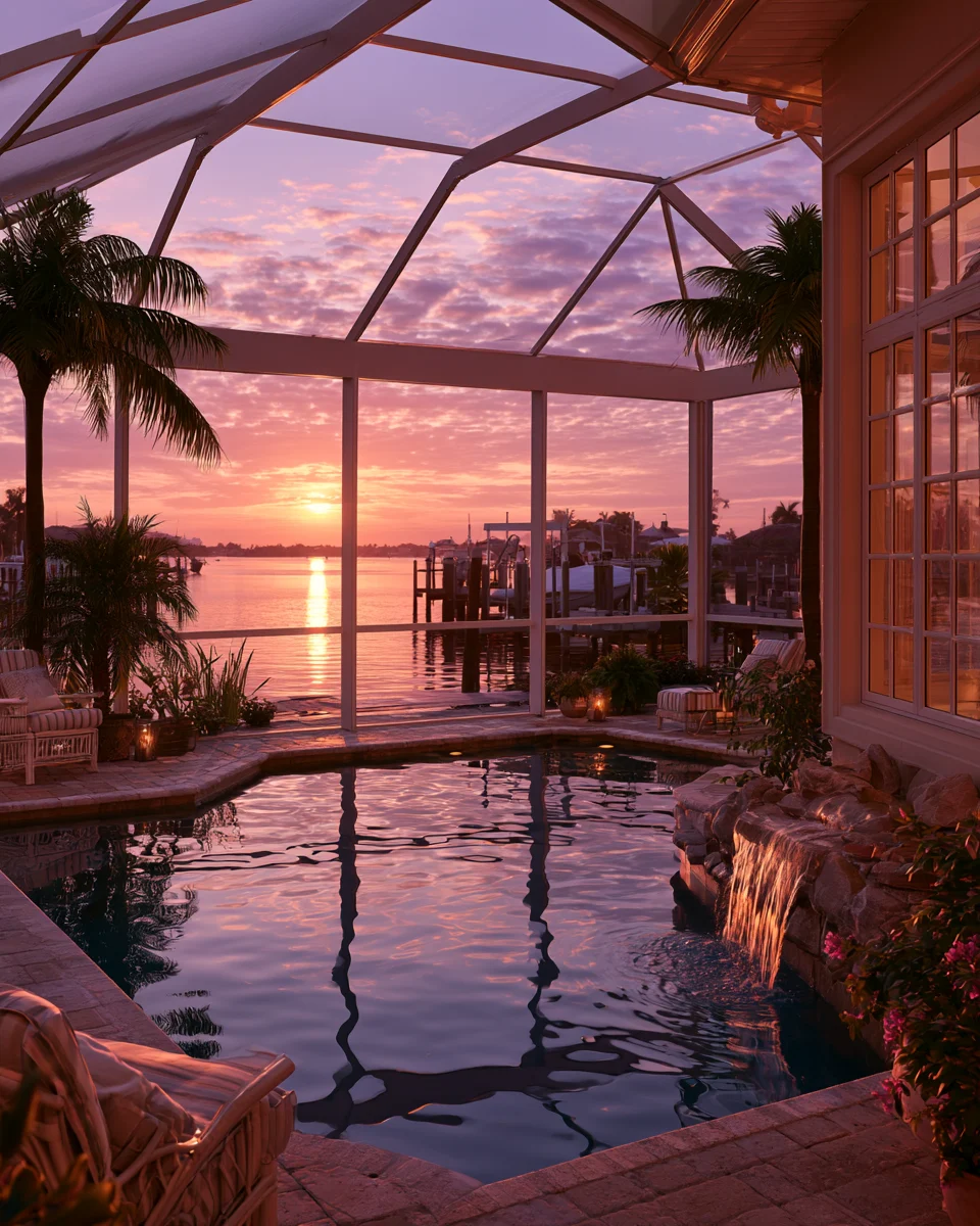 A screened pool enclosure over a waterfront pool at sunset, frame members running directly above the water