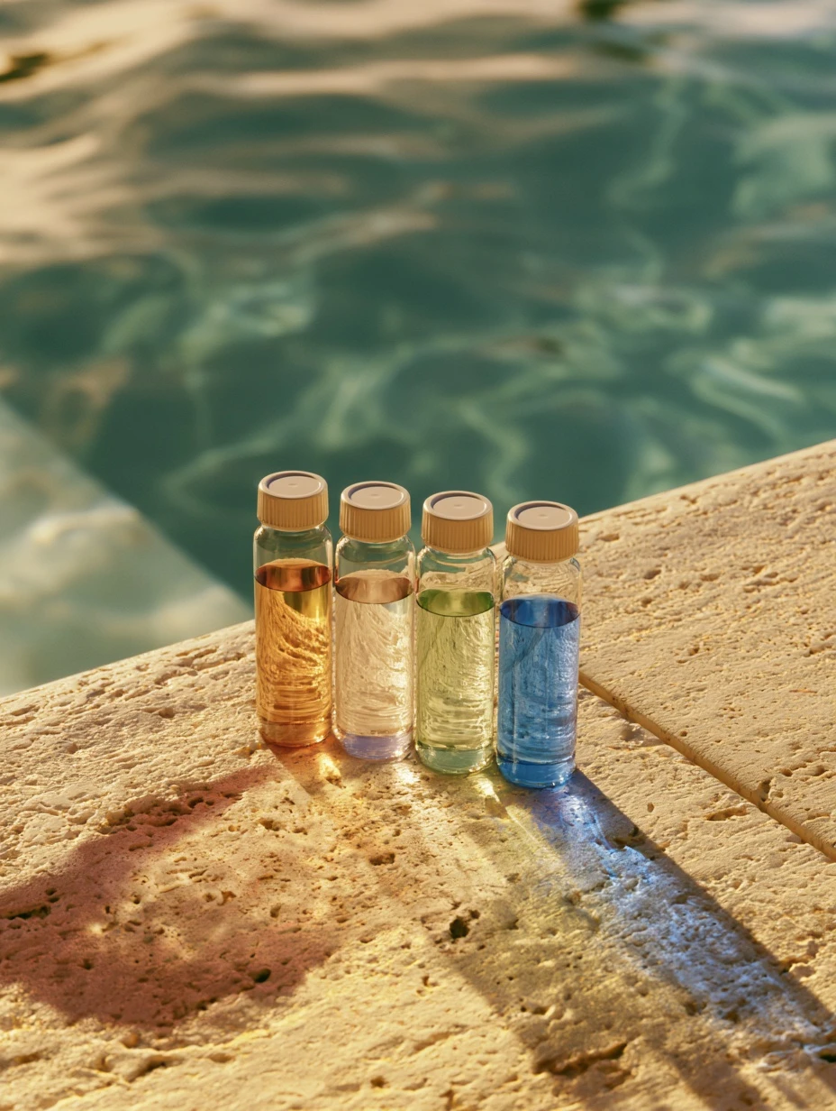 Pool water test vials on travertine coping beside a swimming pool