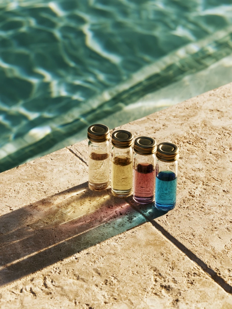 Pool water test kit vials on travertine coping in warm light