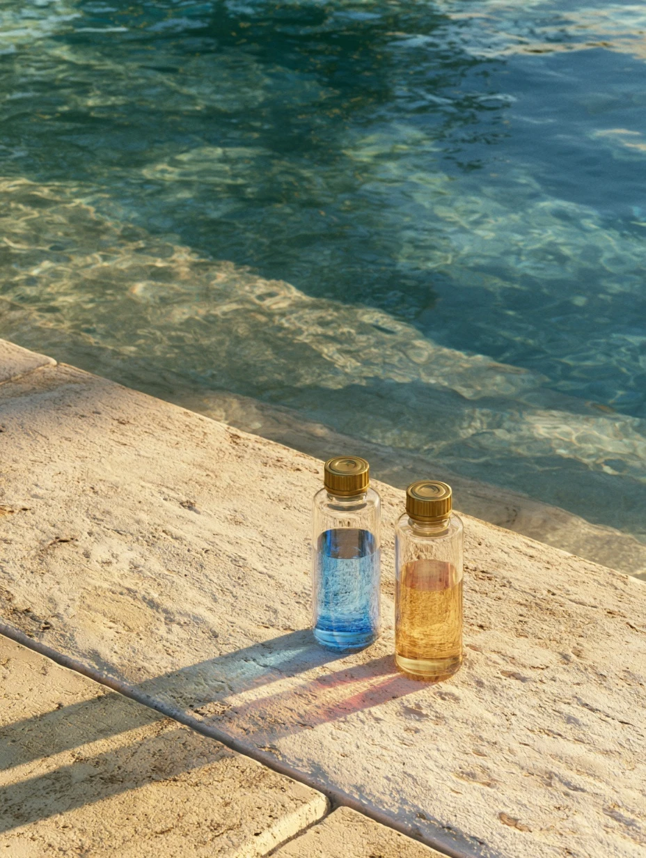 Two water test vials standing on a sunlit pool deck beside clear pool water