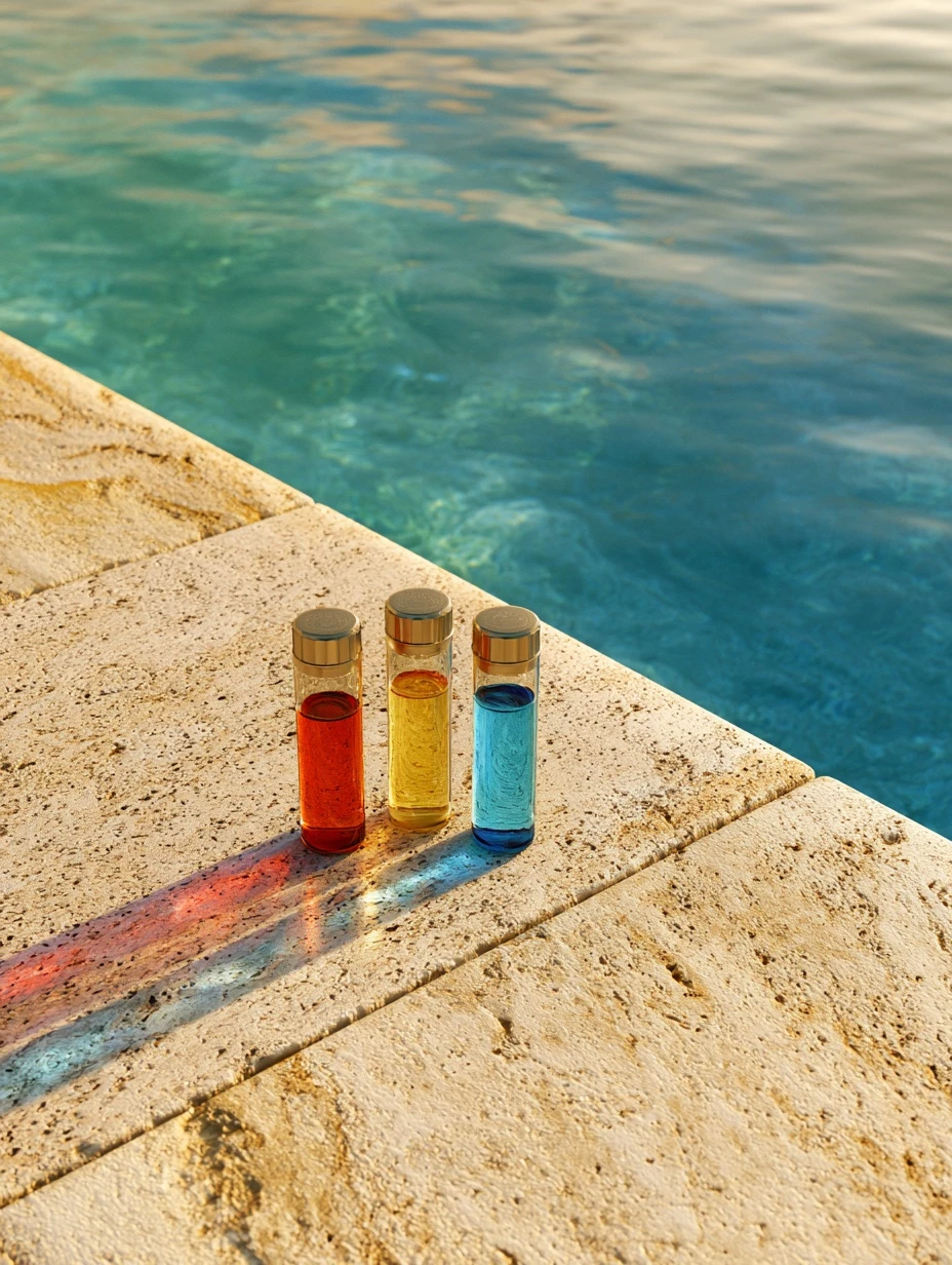 Pool equipment and water testing set out on coping beside still pool water