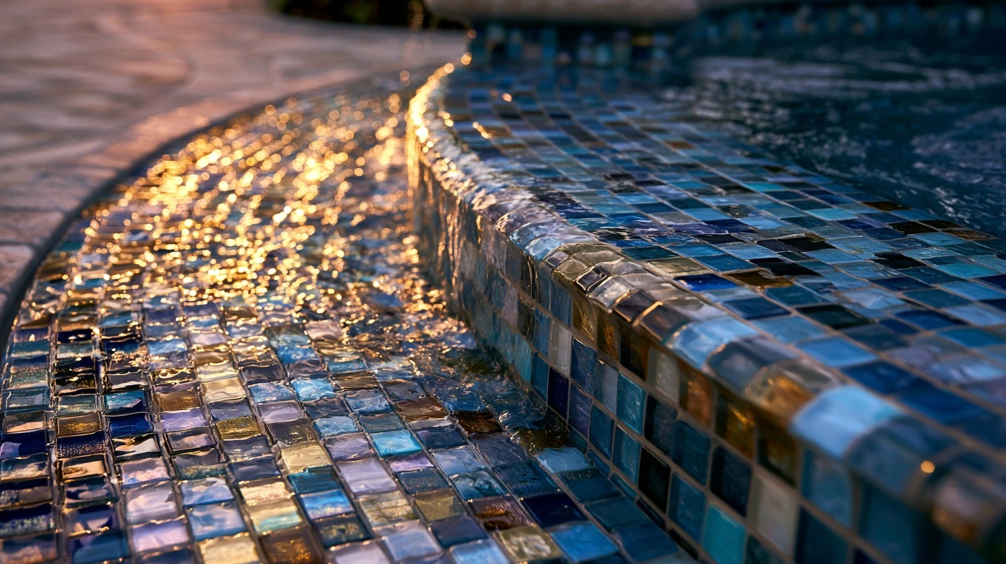 Glass mosaic waterline tile and spillover spa edge at golden hour
