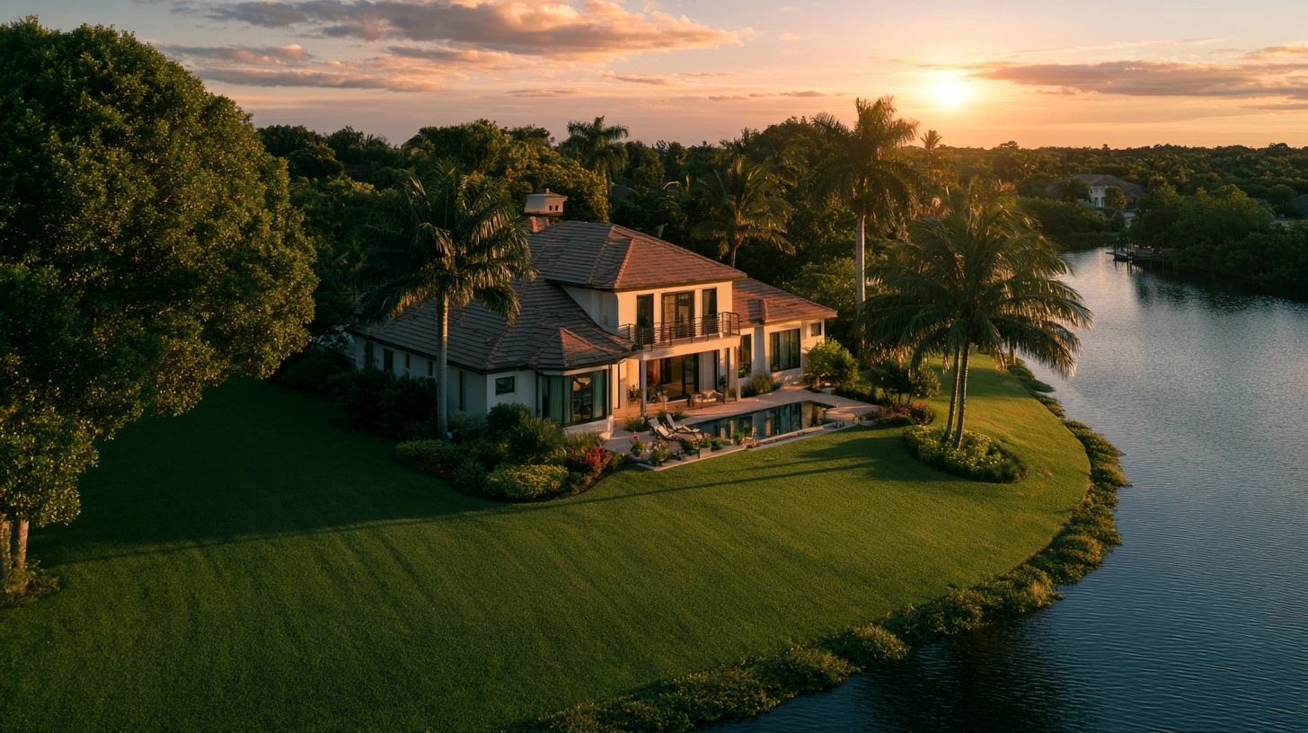 Looking down on a pool deck beside the water