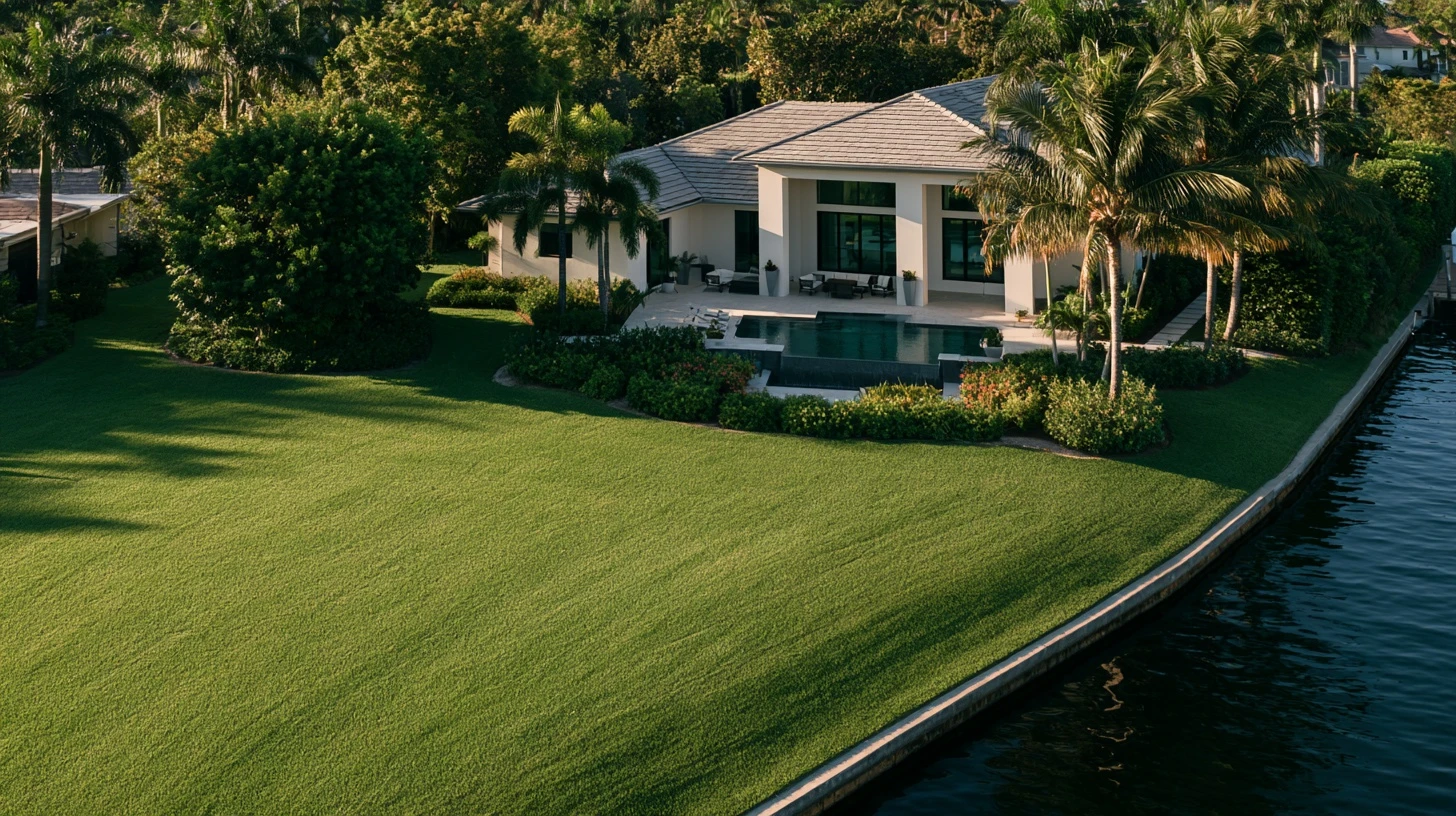 Overhead view of a swimming pool and deck beside the water