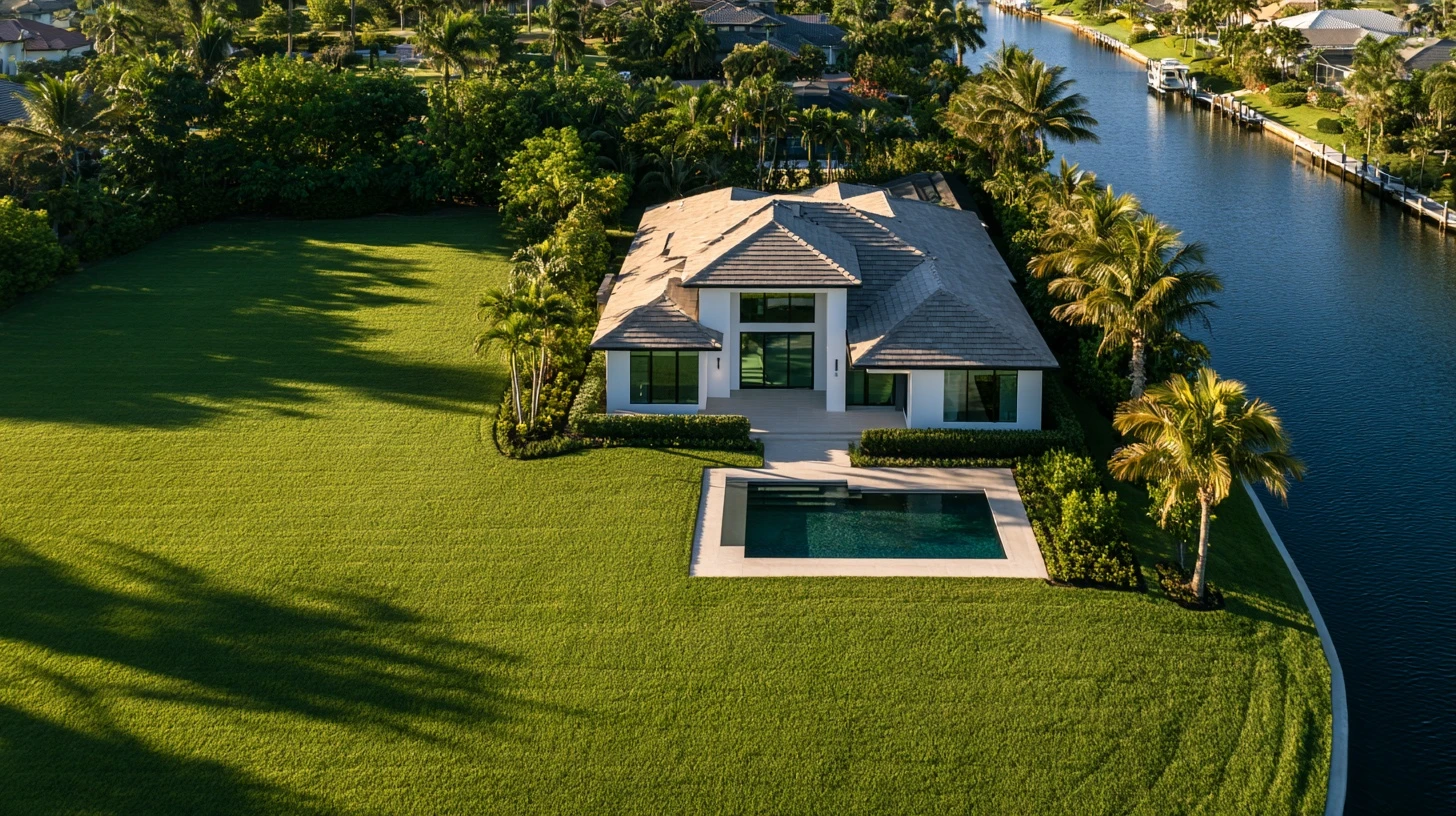 Waterfront rooftops and pools from overhead
