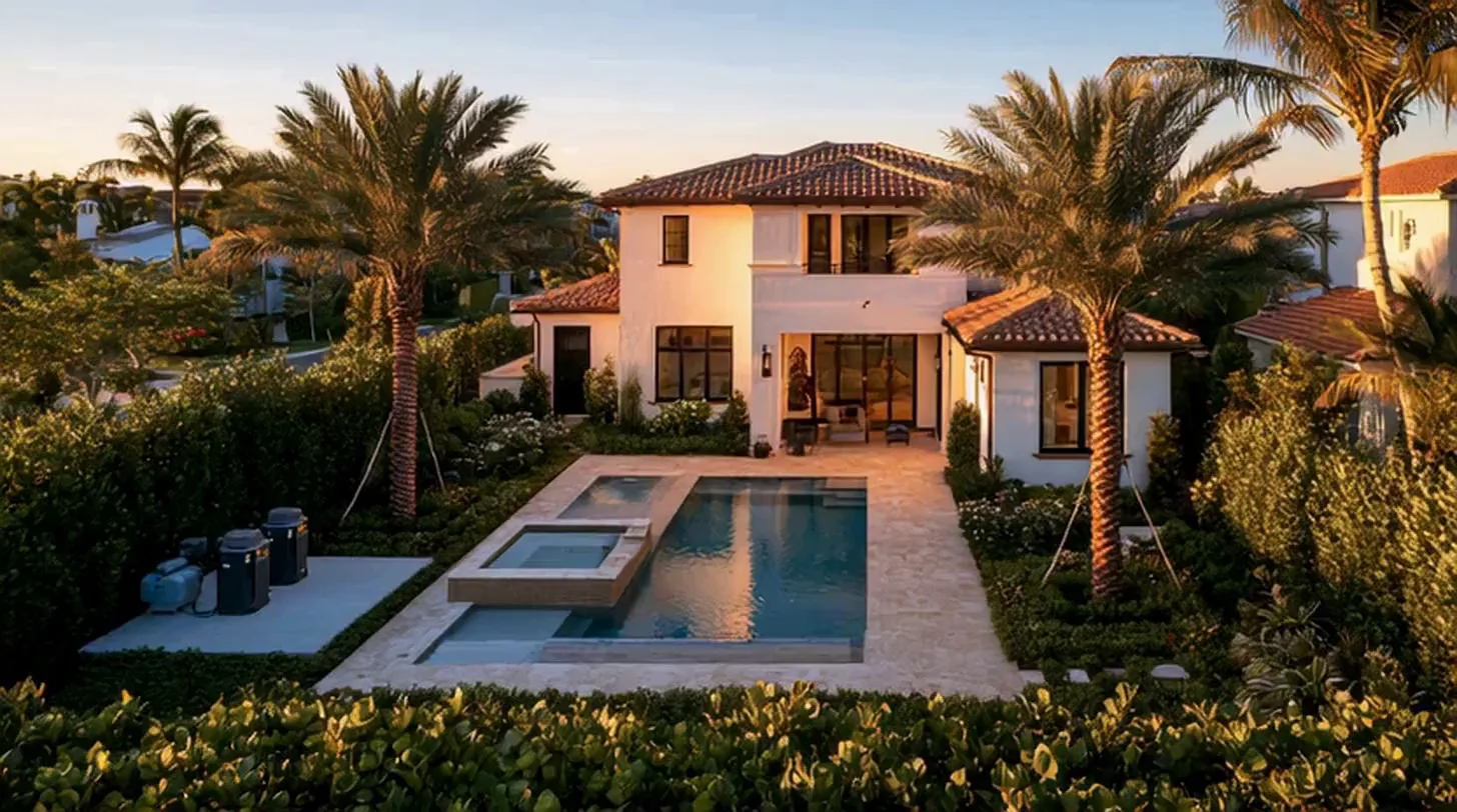 Aerial view of a Naples, Florida home with a swimming pool at golden hour